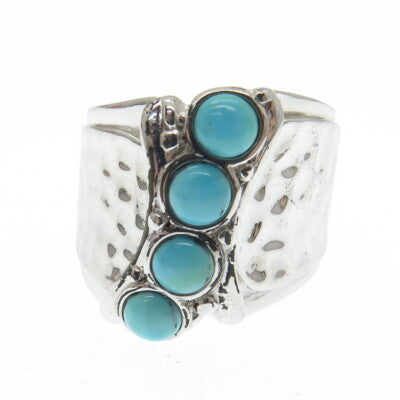925 Sterling Silver Real Turquoise Gemstone Hammered Finish Ring Size 6.5