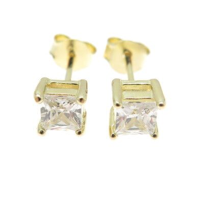 925 Sterling Silver Gold Plated Princess-Cut C Z Stud Earrings