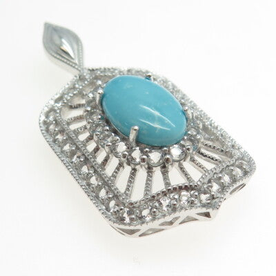 925 Sterling Silver Real White Topaz & Turquoise Bohemian Pendant