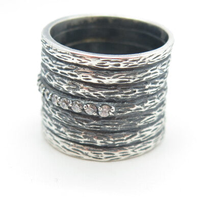 925 Sterling Silver Vintage C Z Textured Statement Band Ring Size 7.25