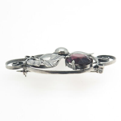 925 Sterling Silver Antique Art Deco Pink Glass Floral Pin Brooch