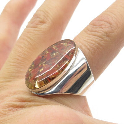 925 Sterling Silver Vintage Mexico Real Red Jasper Inlay Adjustable Ring Size 8