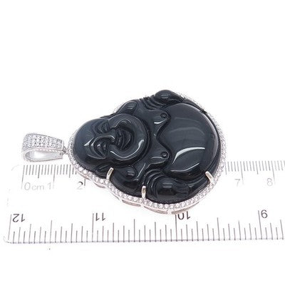 925 Sterling Silver Real Black Onyx & C Z Buddha Pendant
