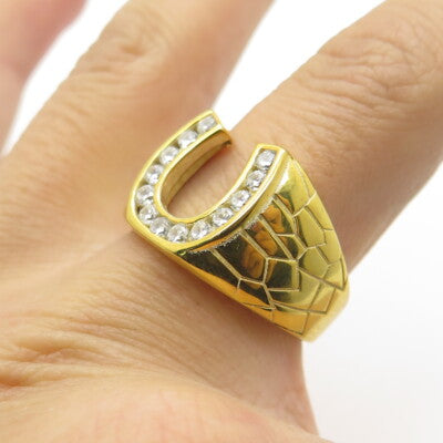 925 Sterling Silver Gold Plated Round-Cut C Z Horseshoe Ring Size 8.75