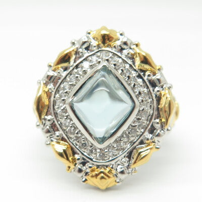 925 Sterling Silver 2-Tone Blue Glass & C Z Statement Ring Size 7