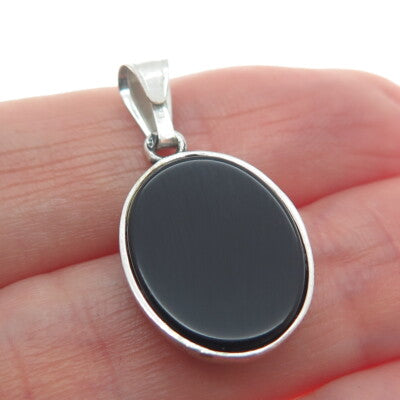 925 Sterling Silver Vintage Real Black Onyx Gem Cross Oval Minimalist Pendant