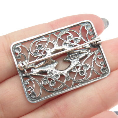 925 Sterling Silver Vintage Rhinestone Boho / Ethnic Pin Brooch