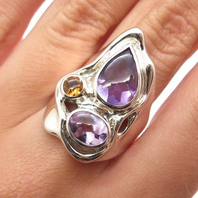 HAGIT GORALI 925 Sterling Silver Vintage Real Amethyst Citrine Ring Size 8.25