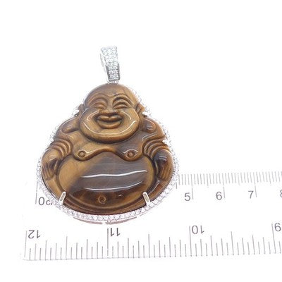 925 Sterling Silver Real Tiger Eye & C Z Buddha Pendant