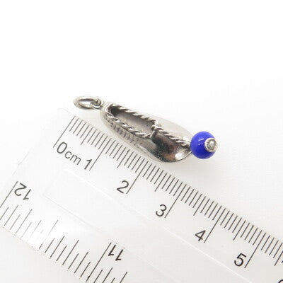 925 Sterling Silver Vintage Blue Glass Aladdin Khussa Slipper Charm Pendant