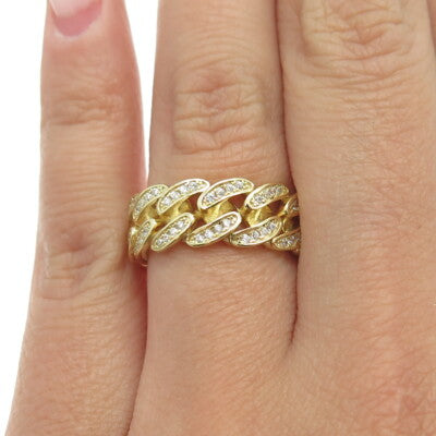 925 Sterling Silver Gold Plated Pave C Z Cuban Chain Band Ring Size 6