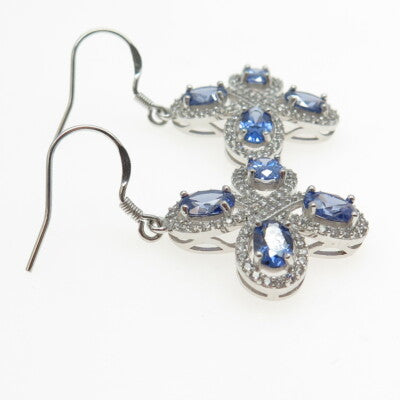 925 Sterling Silver White & Blue C Z Cross Dangling Hook Earrings