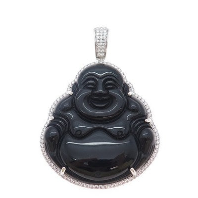 925 Sterling Silver Real Black Onyx & C Z Buddha Pendant