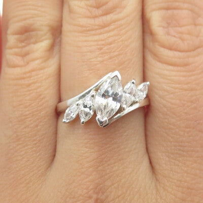 925 Sterling Silver Marquise-Cut Shaped C Z Ring Size 9