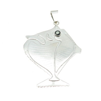 925 Sterling Silver Vintage MS 1994 Real Sapphire Modernist Fish Pendant