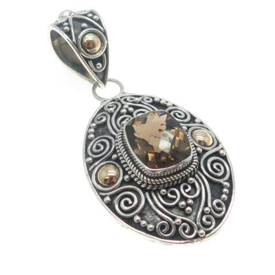 925 Sterling Silver & 18K Gold Vintage Real Smoky Quartz Spiral Scroll Pendant
