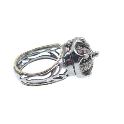 925 Sterling Silver Black Rhodium 2-Tone Real Diamond Crown Domed Ring Size 7.25