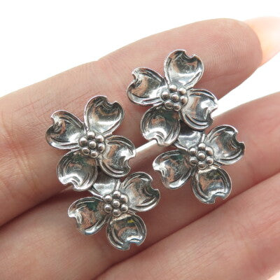 925 Sterling Silver Antique Art Deco Dogwood Flower Oxidized Screw Back Earrings