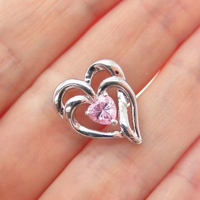 SAI 925 Sterling Silver Pink C Z Double Heart Minimalist Slide Charm Pendant