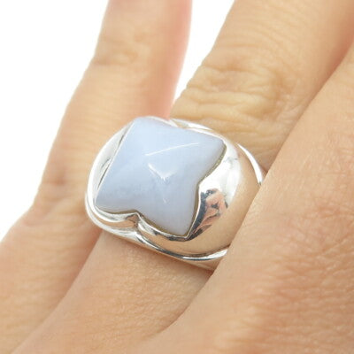 MICHELLE ALBALA 925 Sterling Silver Real Blue Agate Gemstone Ring Size 7.25