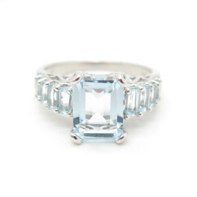 925 Sterling Silver Real Emerald-Cut Blue Topaz Engagement Ring Size 8
