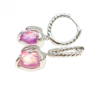925 Sterling Silver Real Pink Opal Gemstone Heart Dangle Huggie Earrings