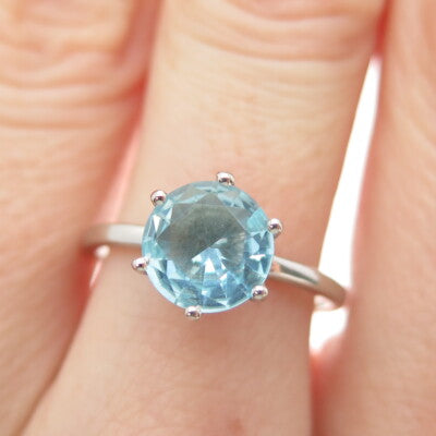 DAZZLERS 925 Sterling Silver Round-Cut Nano Blue Topaz Ring Size 7