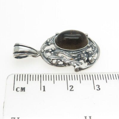 925 Sterling Silver Vintage Real Dark Amber Floral Leaf Pendant