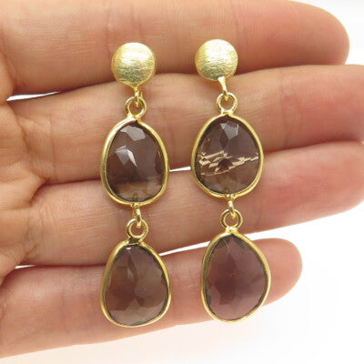 925 Sterling Silver Gold Plated Vintage Smoky Quartz Modernist Dangle Earrings