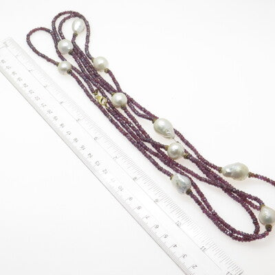 925 Sterling Silver Real Baroque Pearl & Amethyst Long Bead Chain Necklace 72"