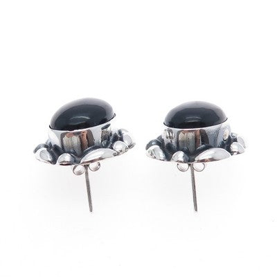 925 Sterling Silver Vintage Mexico Real Black Onyx Modernist Oxidized Earrings