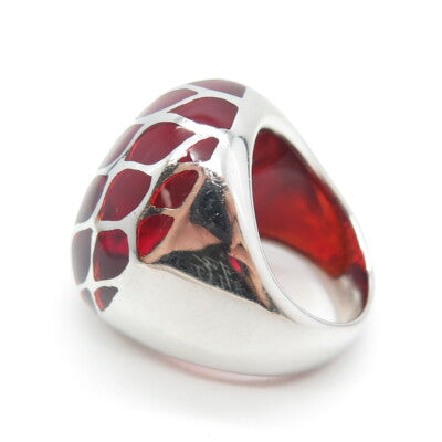 925 Sterling Silver Red Enamel Cage Domed Ring Size 7