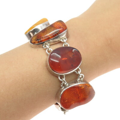 925 Sterling Silver Vintage Real Multi-Color Amber Modernist Bracelet 5.75"