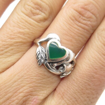 925 Sterling Silver Vintage Real Chalcedony Gemstone Floral Leaf Ring Size 7