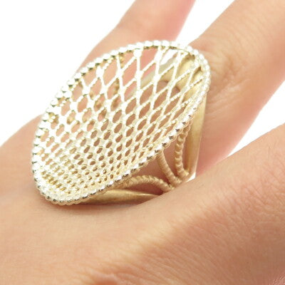 925 Sterling Silver Gold Plated Turkey Grid Statement Ring Size 6.25
