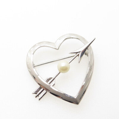 925 Sterling Silver Antique Art Deco Real Pearl Heart & Arrow Pin Brooch