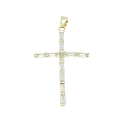 925 Sterling Silver Gold Plated Baguette-Cut C Z Cross Pendant