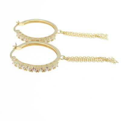 925 Sterling Silver Gold Plated Round-Cut C Z Tassel Hoop Earrings