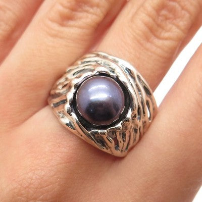 HAGIT GORALI 925 Sterling Vintage Israel Tahitian Pearl Modernist Ring Size 9.25