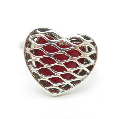 ROSS SIMONS 925 Sterling Silver Red Enamel Heart Mesh Ring Size 6