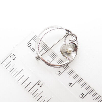 DE CURTIS Sterling Silver Antique Art Deco Real Pearl Heart Circle Pin Brooch