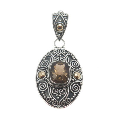 925 Sterling Silver & 18K Gold Vintage Real Smoky Quartz Spiral Scroll Pendant