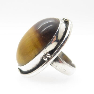 925 Sterling Silver Vintage Real Tiger Eye Gemstone Ring Size 3.75