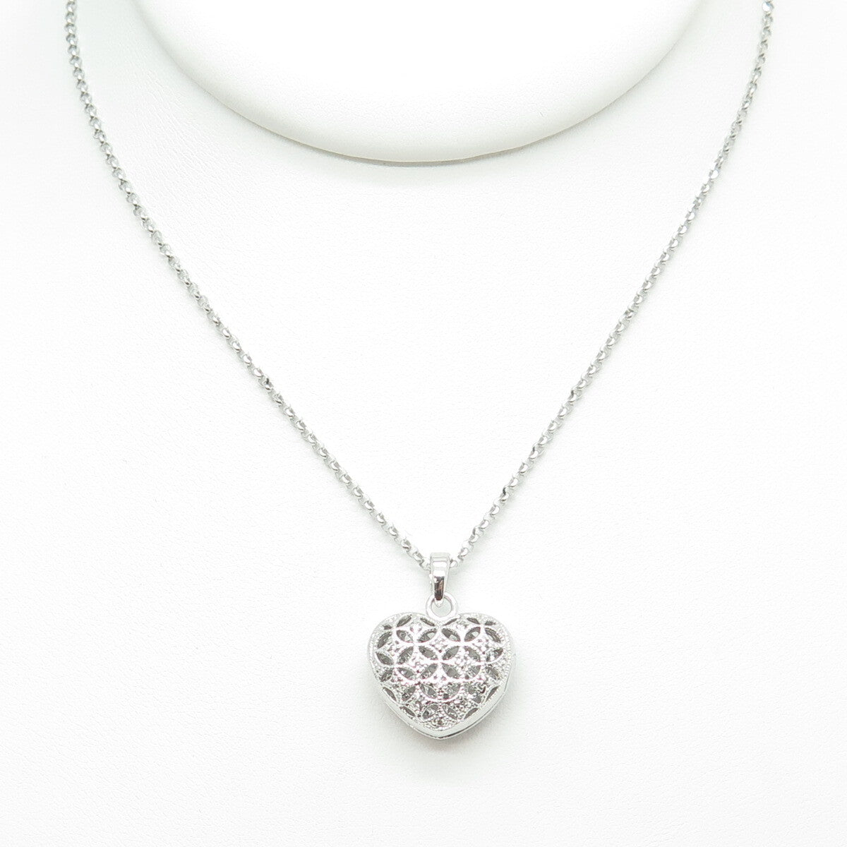 925 Sterling Silver Italy Round-Cut C Z Locket Heart Cable Chain Necklace 16"