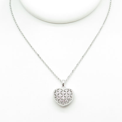 925 Sterling Silver Italy Round-Cut C Z Locket Heart Cable Chain Necklace 16"