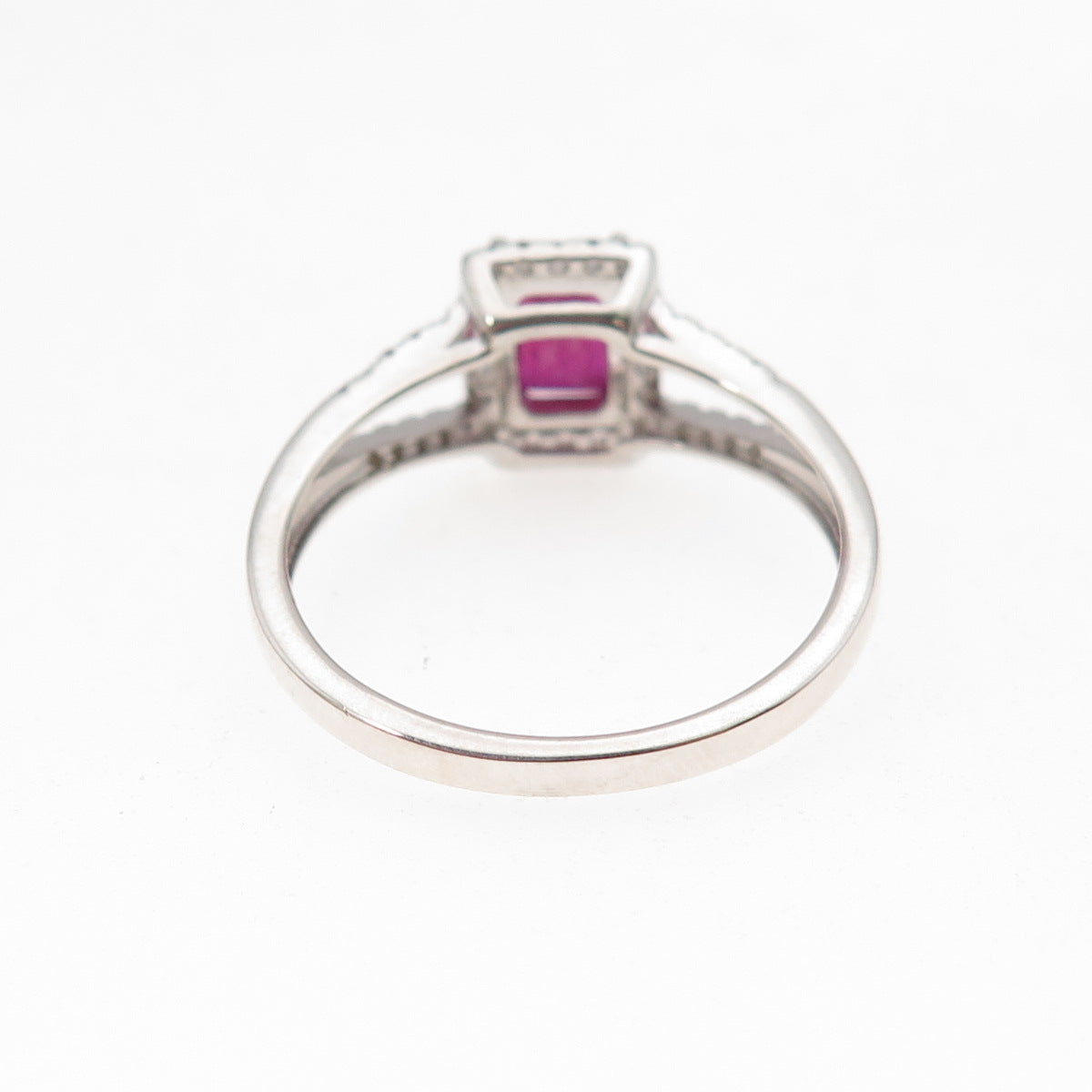 925 Sterling Silver Real Emerald-Cut Ruby & Round-Cut C Z Ring Size 9