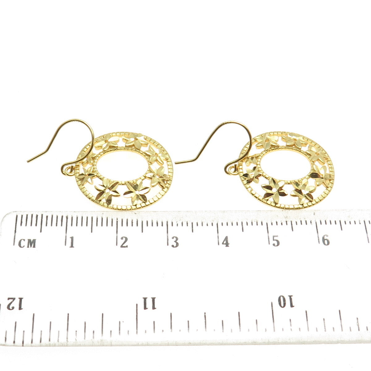 925 Sterling Silver Gold Plated Diamond-Cut Flower Dangle Earrings