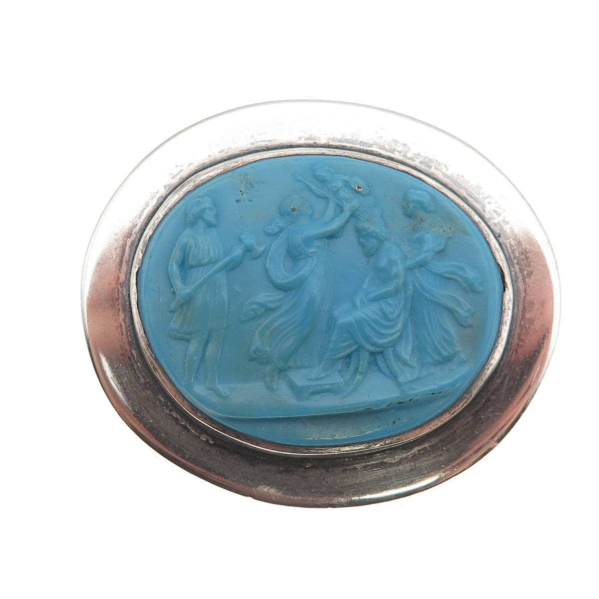 Native Crafts Sterling Silver Antique Art Deco Ceramic Greek Scene Pin Brooch