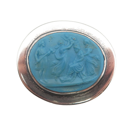 Native Crafts Sterling Silver Antique Art Deco Ceramic Greek Scene Pin Brooch
