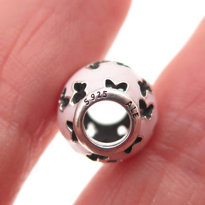 PANDORA 925 Sterling Silver Pink Enamel Fluttering Butterflies Slide Bead Charm